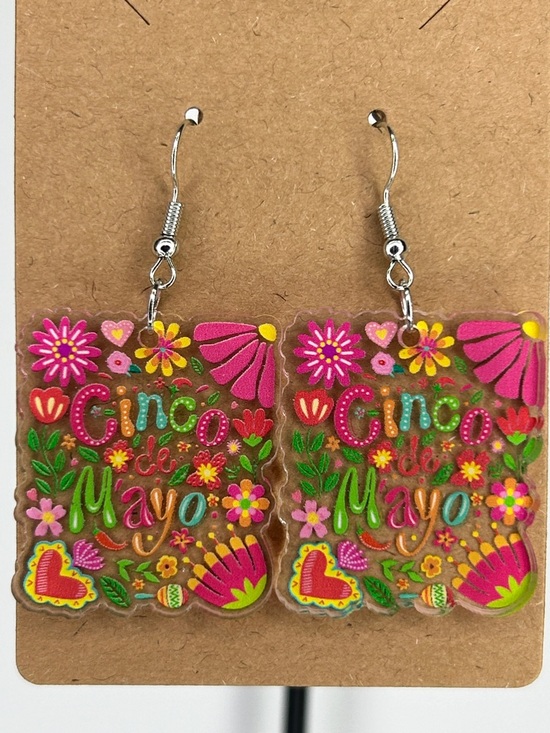 Jewelry - Cinco de Mayo Floral Acrylic Dangle Earrings - Bright Multicolor Fashion Jewelry